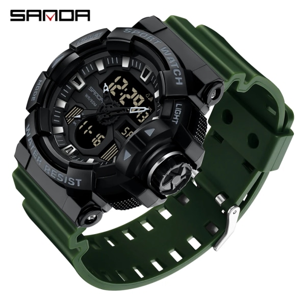 SANDA Herr Militär Sport Watch Gul Blå Kvarts Vattentät Watch Dubbel Display Manklocka Klockor Relogio Masculino 3129 Green