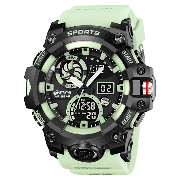 STRYVE Märke Herr Sportklockor Dual Display Analog Digital LED Elektronisk Quartz Armbandsur 50m Vattentät Watch 8027 Light green