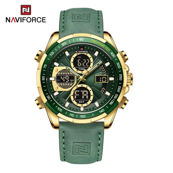 Nya NAVIFORCE klockor för män Läder Herr Militär Sport Vattentät watch Quartz Armbandsur Kronograf Manklocka Gold Green