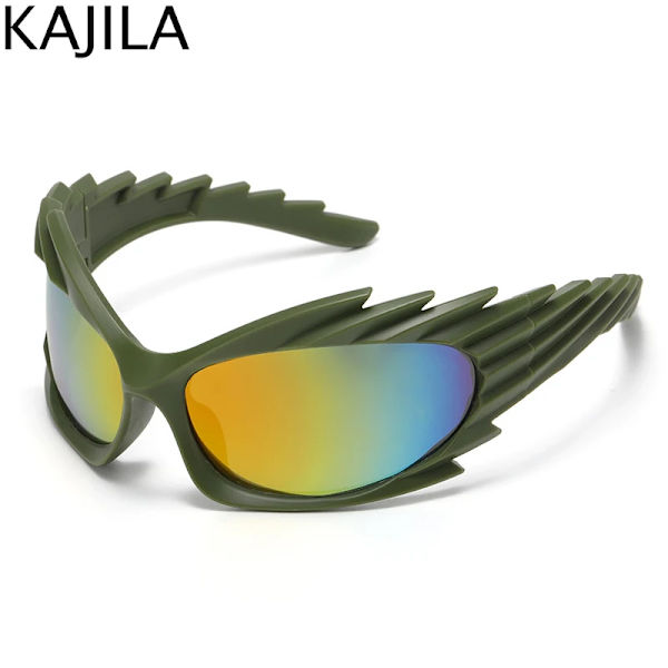 Spike Rectangle Solglasögon Dam Män Y2K Sports Star Solglasögon Lyxmärke Svart Retro Punk 2000-talsglasögon UV400 C6 Green Yellow Film With screwdriver