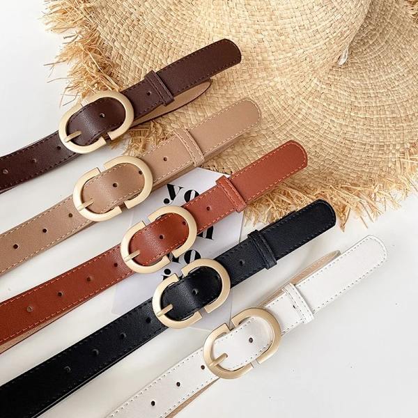 Mode Läderbälten för kvinnor Enkel Mental Pin Spänne Flickor Tunt Bälte Denim Jeans Klänning Kjol Lyxmärke Retro midjeband Khaki-2.8cm 105CM