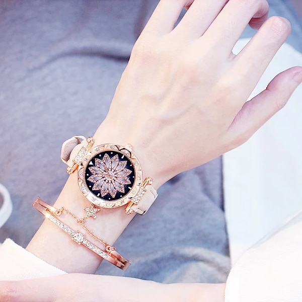 2020 Damklockor Set Starry Sky Watch Casual Läder Sport Quartz Clock Relogio Feminino Blue With Bracelet