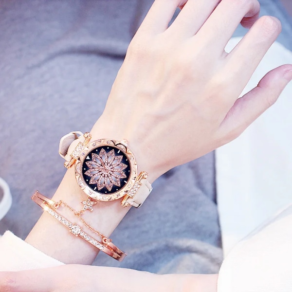 2020 Damklockor Set Starry Sky Watch Casual Läder Sport Quartz Clock Relogio Feminino Pink With Bracelet