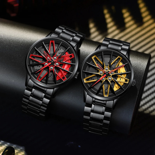 Original 3D Real Man-klockor Vattentäta Rotera Klockor Watch Quartz Herrsport 360° Rotera Hjulklockor För Herrklocka Lambo-Yellow-W