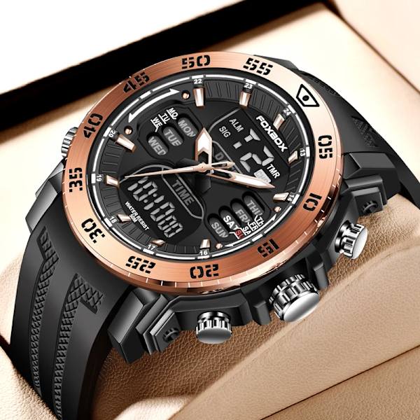 FOXBOX Herrklockor Sport Toppmärke Lyx Dual Display Quartz Watch Herr Militär vattentät klocka Digital elektronisk watch+ Box gold black