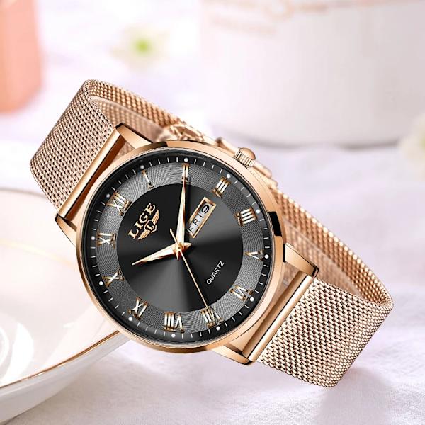 LIGE Watch Armband Quartz Clock Movement Enkel Vattentät Rose Gold Rostfritt stål Mesh Damklockor Relogio Feminino Rose gold black