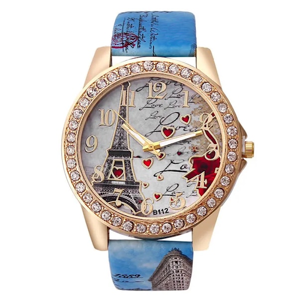 Kvinnor Stora Klockor Mode Lyx Kristall Paris Eiffel Tower Klockor Kvinnor Läderband Quartz Armbandsur Casual Damklockor blue