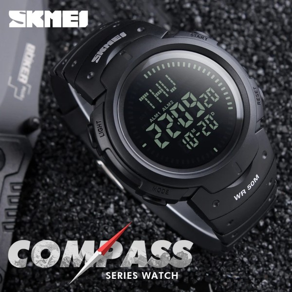 SKMEI Outdoor Chronograph Compass Watch Herr Multifunktion Vattentät LED Elektroniska Digitala Sportklockor Modearmbandsur Black