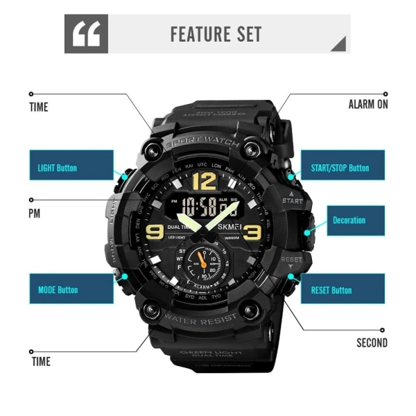 SKMEI Waterproof Luminous Sports Chronograph Watch Army Camouflage Special Forces Japanese Movement Electronic Watch 1637 Black