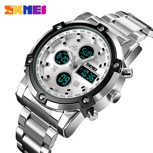 Herrklockor Dual Display LED Digital Vattentät Full Steel Quartz Watch Herrklocka Lyxmärke Relojes SKMEI 2018 Silver