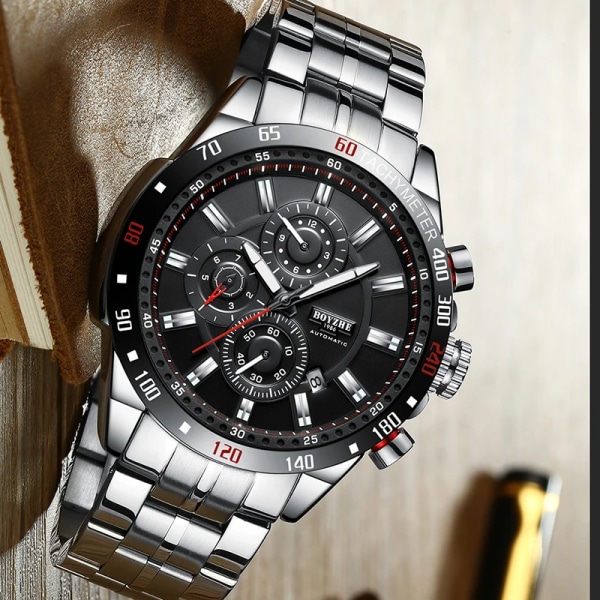 Boyzhe Men Sport Automatisk Mekanisk Watch 3 Bar Vattentät Multifunktionsskärm Lysande Hands Herr Klockor relogio Black Leather