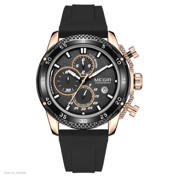 MEGIR Watch för män Mode Silikonband Chronograph Quartz Armbandsur med Auto Date Lysande visare 3atm Vattentät 2211 Black Rose