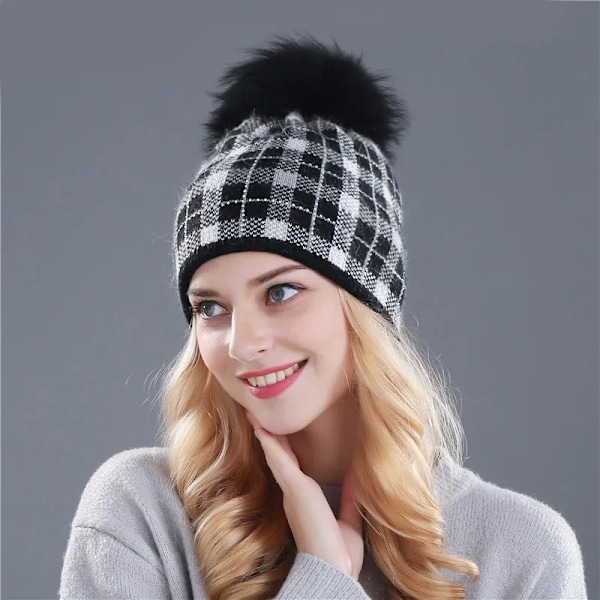 2016 Ny FemininoMink Pom Pom Vintermössa för Kvinnor Flickmössa Stickad Tjock Beanie Skullies Mössa Beige
