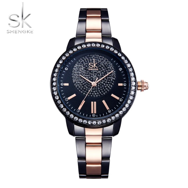 Shengke Rose Gold Relogio Feminino Japansk watch för kvinnor Crystal Luxury Black Watch med 6 månader 11K0075L02SK