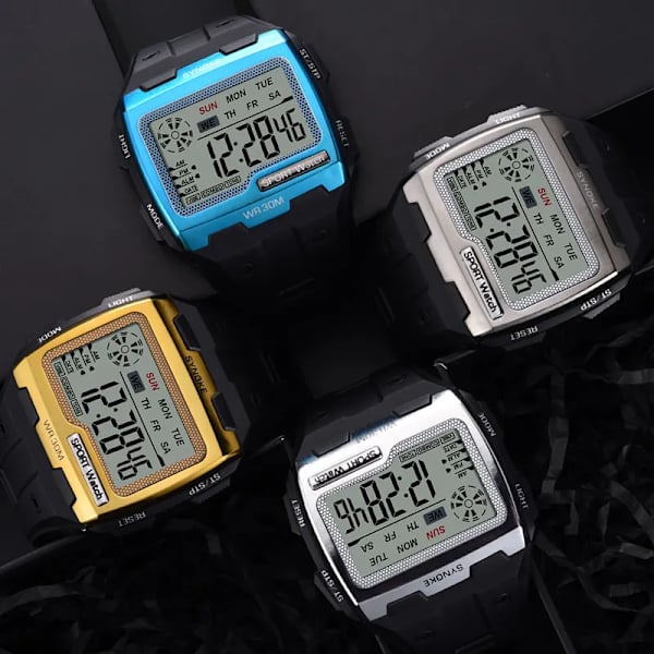 SYNOKE Watch för män Militär fyrkantiga digitala klockor Herr Elektronisk klocka LED-larm Vattentätt armbandsur Ny 9021Blue