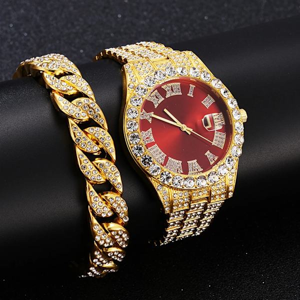 2 st Watch+armband Hip Hop rostfritt stål Watch för män Iced Out stenlagda strass herrklocka Watch Hombre 1pc Watch SGR