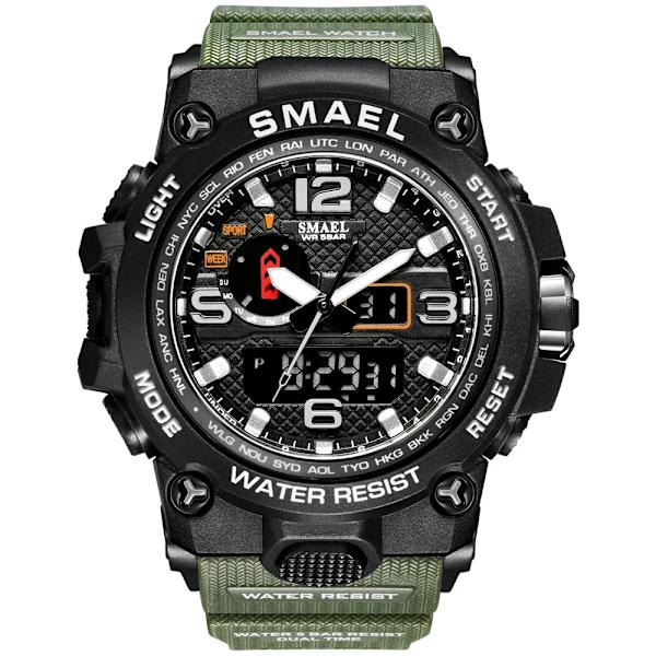 SMAEL klockor för män 50M vattentät klocka Alarm reloj hombre 1545D Dual Display Armbandsur Quartz Military Watch Sport Ny Herr ARMYGREEN