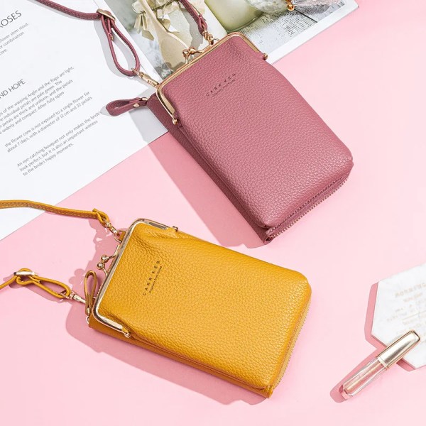 Mode Kvinnor Mini Crossbody-väska & handväskklämmor Telefonpaket Kvinnlig Clutch-plånbok Damer Liten handväska Pu-läder Axelväskor Dk Pink