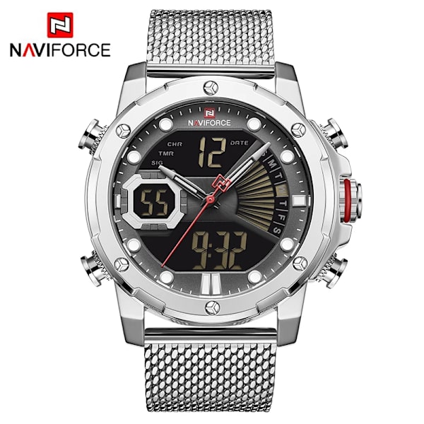 NAVIFORCE Originalklockor för män Lyxmärke Quartz Dual Display Militär watch Mesh stålband Vattentät klocka SBW