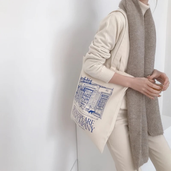 Kvinnor Canvas Axelväska Shakespeare Print Dam Shopping Bags Bomullstyg Tyg Matvaror Handväskor Tote Books Väska för tjejer Shakespeare Company