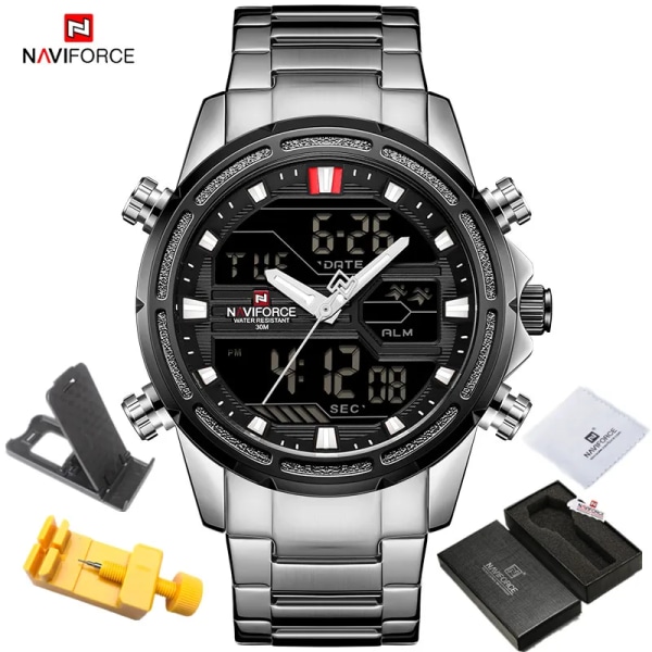 NAVIFORCE klockor för män Lyxmärke Digital Kronograf Sport Quartz Armbandsur Vattentät Militärt stålband självlysande klocka SBW BOX