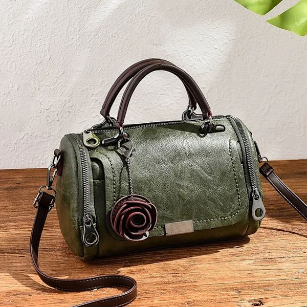 Yogodlns Nya blommor Hängande handväska Dammode Boston väskor enkel axelväska dam crossbody väska PU messenger bag green 27x14x17cm