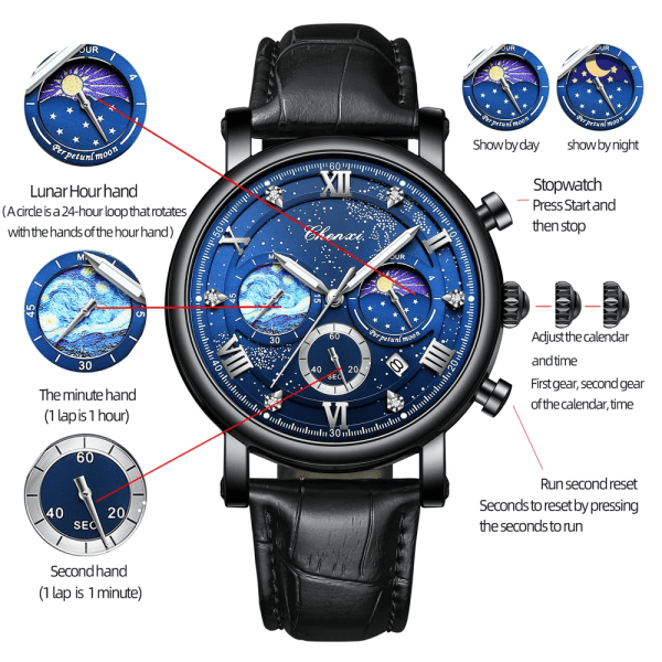 CHENXI Herrklockor Top Märke Lyx Läder Kronograf Watch För Herr Mode Date BusinessVattentät självlysande klocka Black Blue