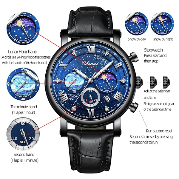 CHENXI Herrklockor Top Märke Lyx Läder Kronograf Watch För Herr Mode Date BusinessVattentät självlysande klocka Black Blue Box