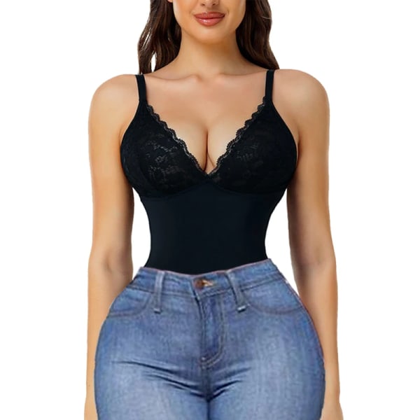 Sexig kvinnlig spetsbody för kvinnor Magkontroll Shapewear ärmlösa toppar Body Shaper V-hals Backless Jumpsuit Fajas stringtrosor Black 4XL