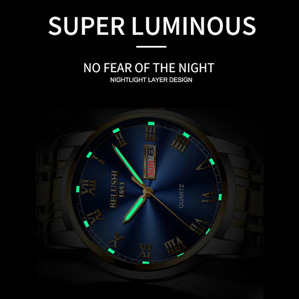 BELUSHI Herrmode Business Quartz Klockor Topp Lyx Märke Helt Stål Vattentät Analog Armbandsur Herr Kalenderklocka Golden Blue