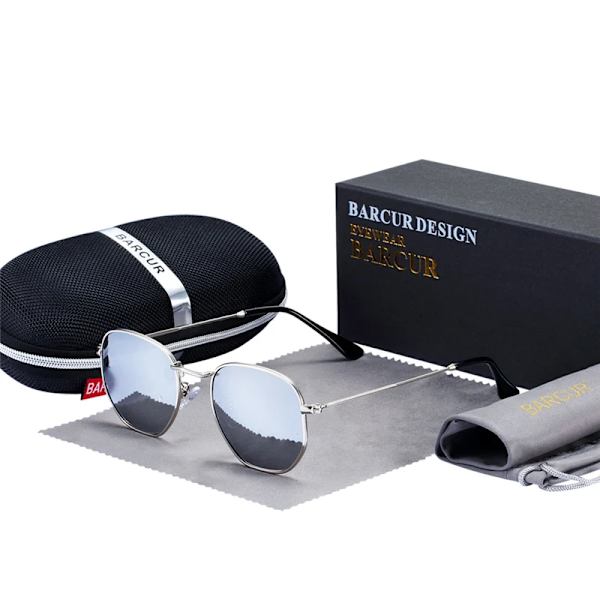 BARCUR Klassiska Retro Reflex Solglasögon Man Hexagon Solglasögon Metallram Glasögon Solglasögon Med Box Oculos De Sol gafas Silver BARCUR