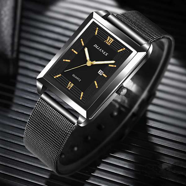 Mode Herr Affärsklockor Herr rektangel i rostfritt stål Mesh -bälte Quartz Watch Man Casual Watch Mesh Black Gold