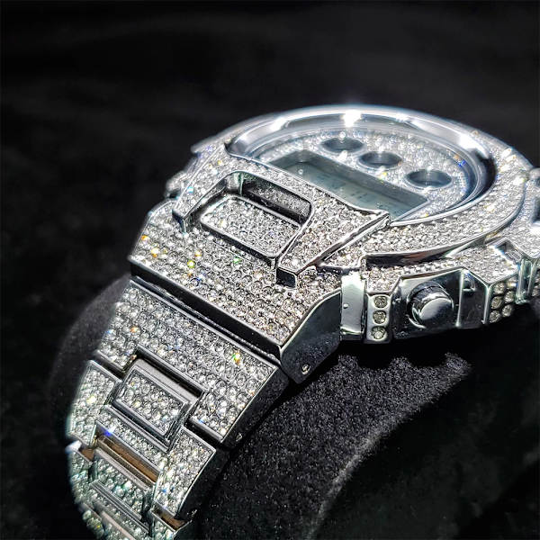 Hip Hop MISSFOX Helt Iced Out Herrklockor Digitalt rostfritt stål Mode Lyx Diamond Quartz Armbandsur AAA Classic Watch V304-GS