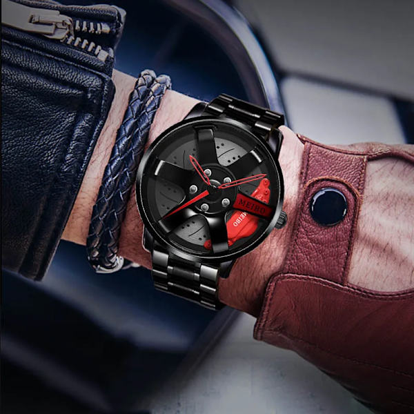 Watch för män för vattentät vakuumplätering med bilhjulsfälgnavdesign sportautomatiskt armbandsur Leather Blue