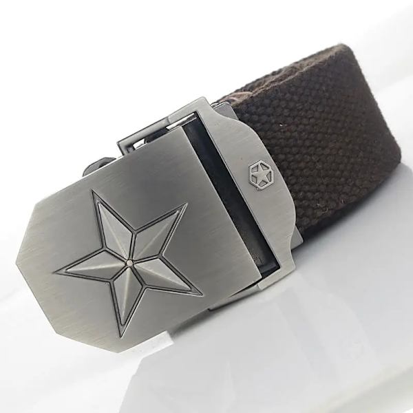 BOKADIAO Herr & Kvinnor Militär Canvas bälte lyxigt 3D-stjärna Metallspänne jeansbälte Army taktiska bälten för män midjeband hane Coffee 110cm