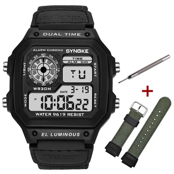 SYNOKE Digital Watch för män Led Vattentät Man Nylon Klockor Lyx Sport Man Armbandsur Stor väckarklocka Relojes Deportivos Full Black set