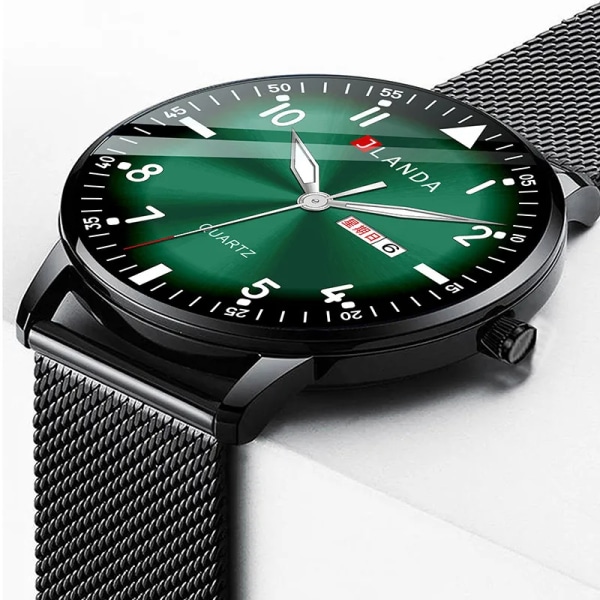 Nya klockor män lyxmärke 6 mm ultratunna mode män klockor rostfritt stål Mesh bälte Lysande vattentät kvarts watch Black