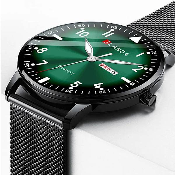 Nya klockor män lyxmärke 6 mm ultratunna mode män klockor rostfritt stål Mesh bälte Lysande vattentät kvarts watch Black Green