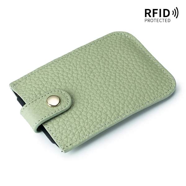 Smal korthållare i äkta läder Snabb åtkomst dragflik RFID-foder Mjuk kohud Män Kvinnor Bärbar cover. Light Green