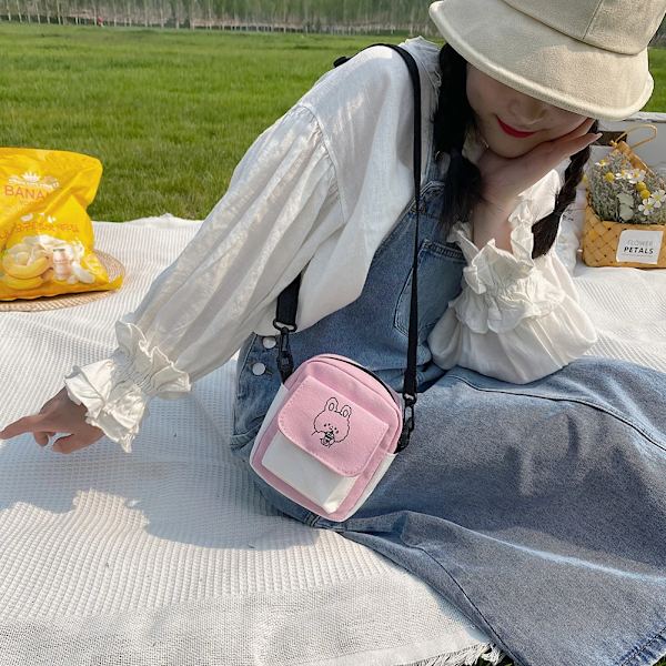 Mode Kvinnor Tecknad filmtryck Kontrastfärg Canvas Crossbody Axelremsväska Casual Damer Mini Handväskor Flap Handväska Pink