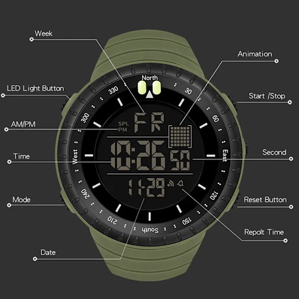 SYNOKE Army Green Casual Watch Herr Sportklockor utomhus Vattentät LED Elektronisk Digital Armbandsur Klocka reloj hombre 2022 Update Green