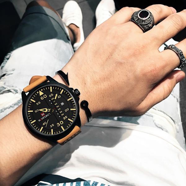 NAVIFORCE Lyxmärke Herr Army Militärklockor Herr Quartz Dateklocka Man Läderarmband Watch Relogio Masculino Black Red