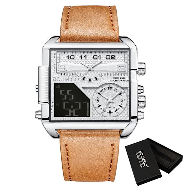 BOAMIGO Toppmärke Lyxmode Herrklockor Guld Stål Sport Fyrkantig Digital Analog Big Quartz Watch for Man relogio masculino brown white pi(.107)
