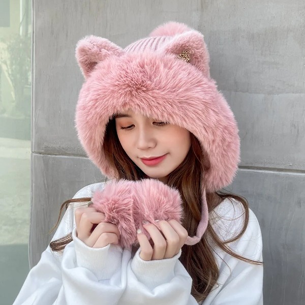 Cokk Vintermössor för Kvinnor Beanie Söta Kattungeöron Stickad Bonnet Femme Tjock Sammet Håll Varma Vintermössa Med Pompom Gorro Ny khaki 55-59cm