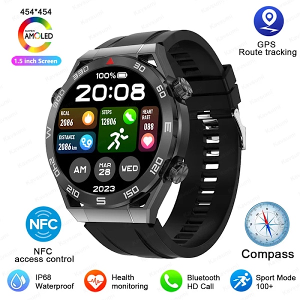 NFC AMOLED Smart Watch Herr Custom Dial Svara Ring Sport GPS Track Kompass IP68 Vattentät Smartwatch För Huawei Ultimate Black