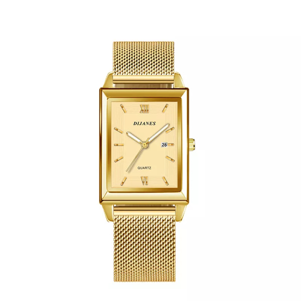 Mode Herr Affärsklockor Herr rektangel i rostfritt stål Mesh -bälte Quartz Watch Man Casual Watch Mesh Gold Gold