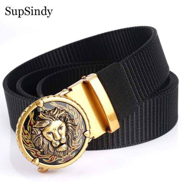 SupSindy Mans Nylon Lyx Guld Lions Metall Automatiskt spänne Canvasbälten för män Mode Jeans Midjeband Svart manlig rem Gold buckle red 120cm