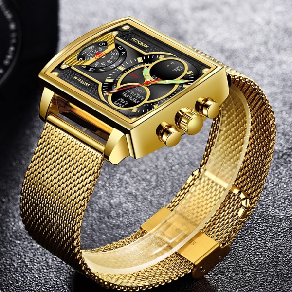 2023 Toppmärke Lyx Watch Mode Fyrkantig watch Herr Casual Vattentät Dubbel Display Klockor Relogio Masculino+BOX gold  black