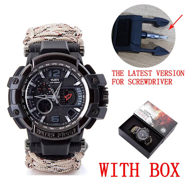 Utomhus Survival Watch Multifunktionell Vattentät Militär Taktisk Paracord Watch Armband Camping Vandring Nödutrustning EDC gold with box