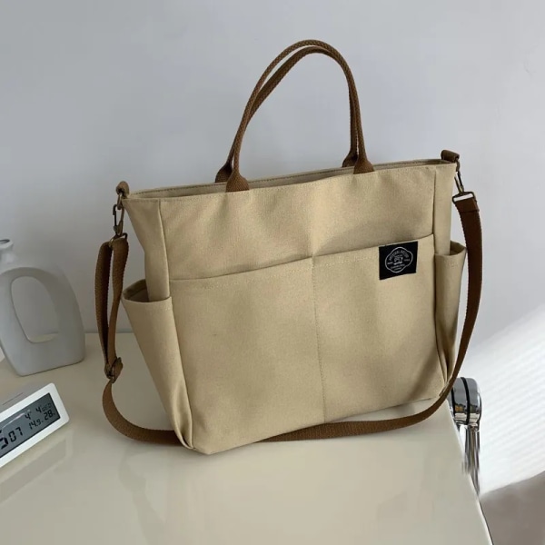 Hylhexyr Dam Retro Stora Väskor Bomulls Canvas Axelväska Mode Crossbody Handväska Dragkedja Casual Tote Multi Pocket Khaki